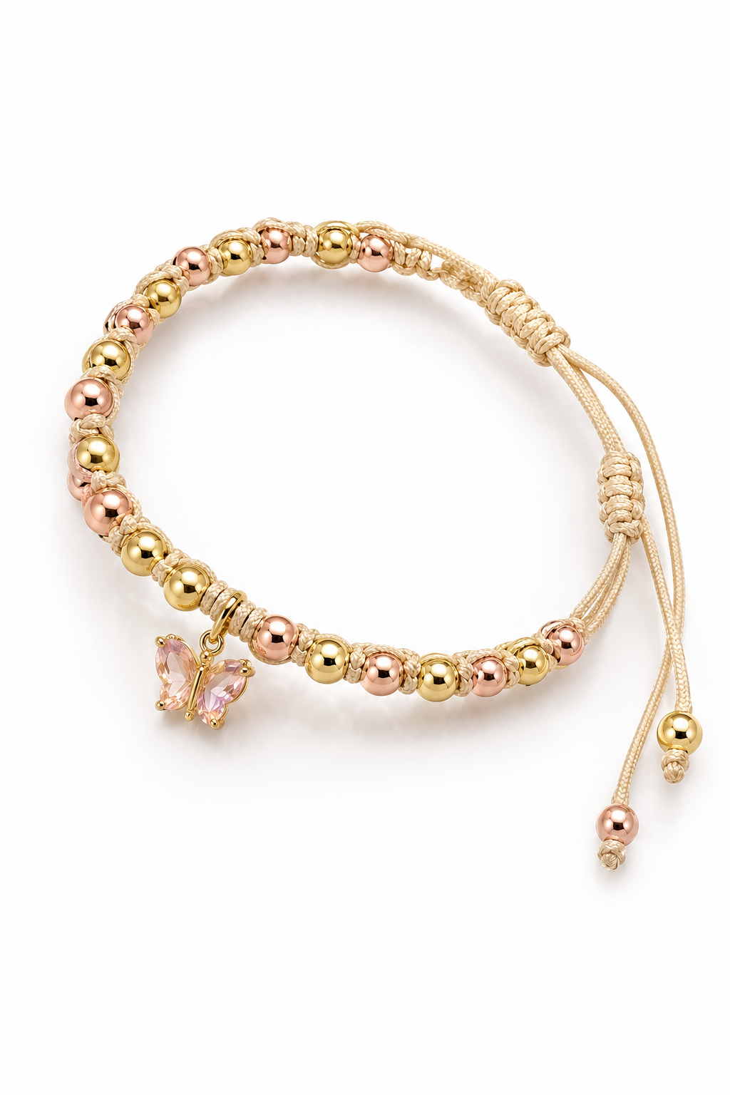 Pulsera tejida beigge 3mm balines Oro rosa / amarillo / Dije Mariposa